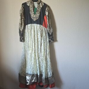 Embroidered Black & Cream Long Sleeve Maxi Dress